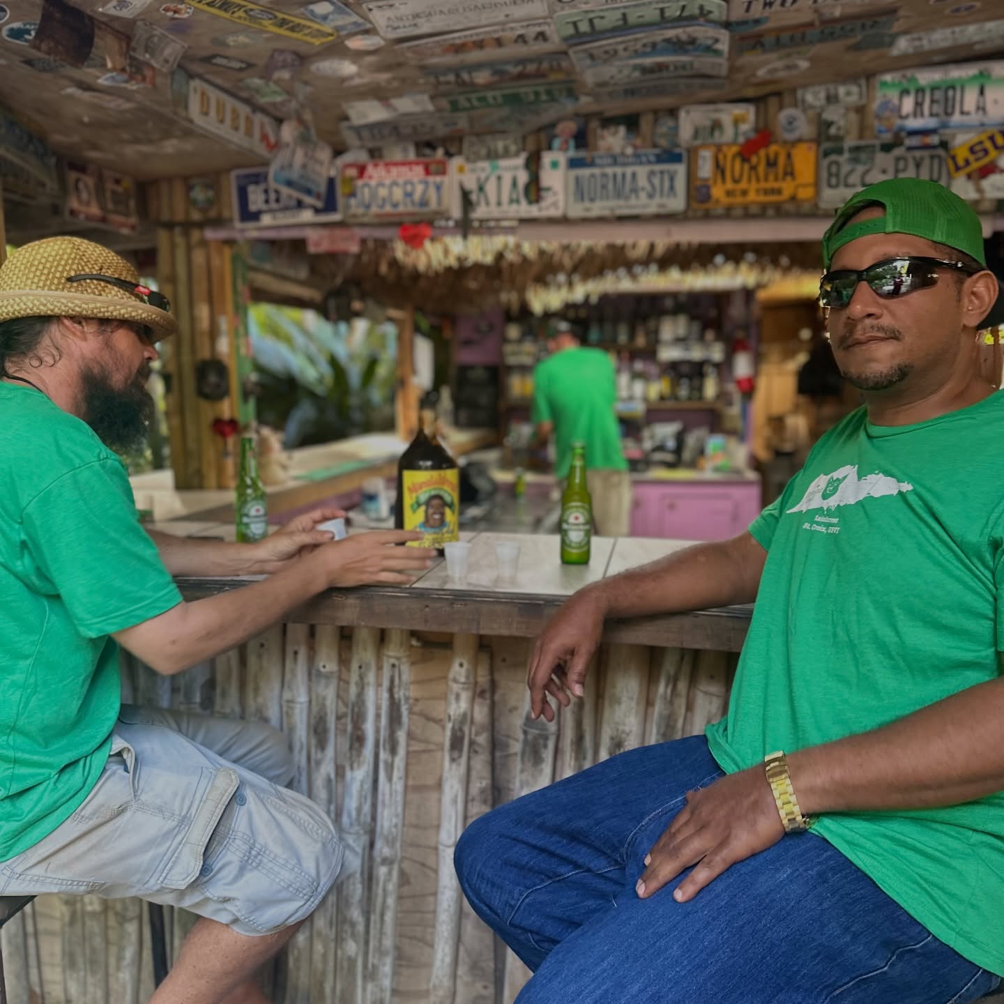 Two patrons at the Domino Club bar beneath a ceiling covered in license plates from around the country