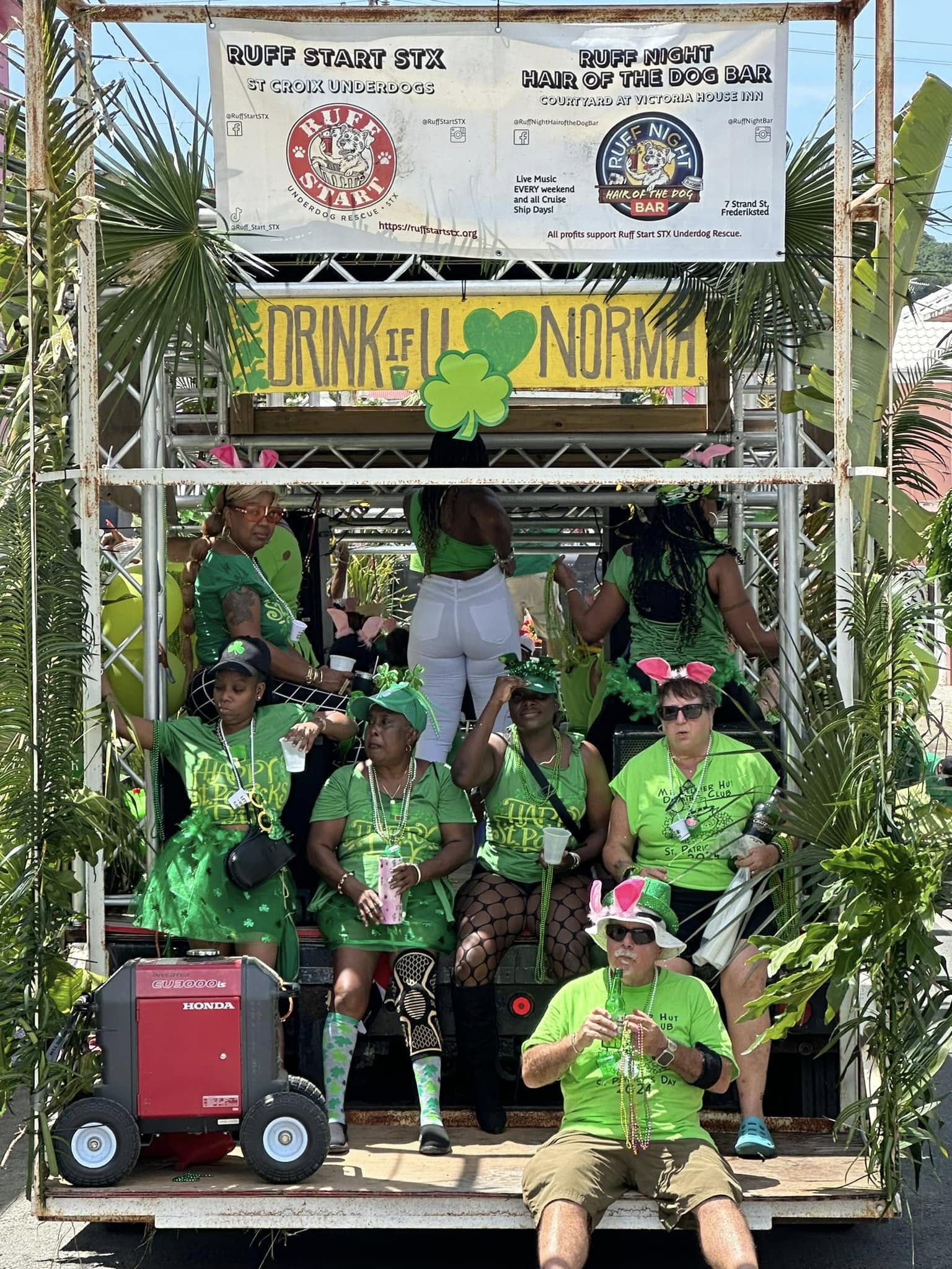 A group in bright green St. Patrick's Day shirts posing on a parade float