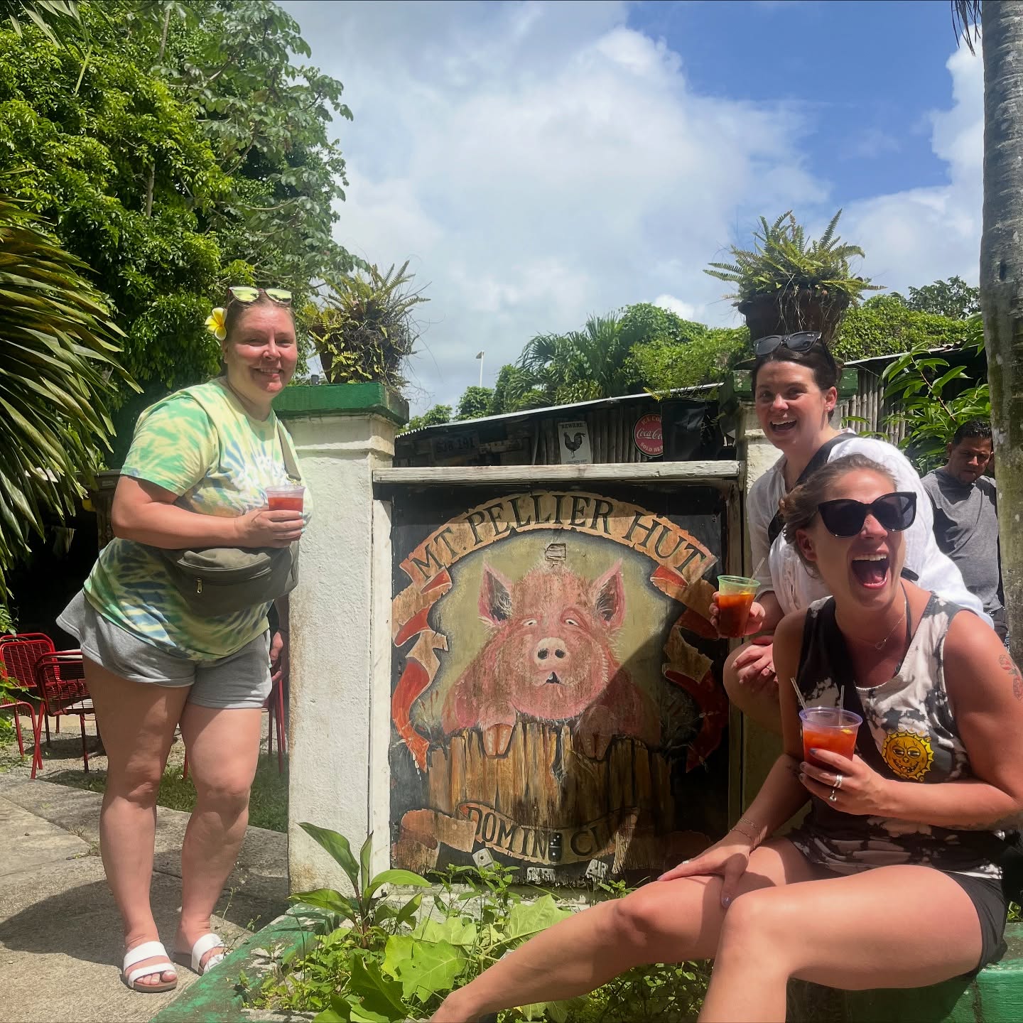 A visitor standing next to a pig mid-drink at the Domino Club pens